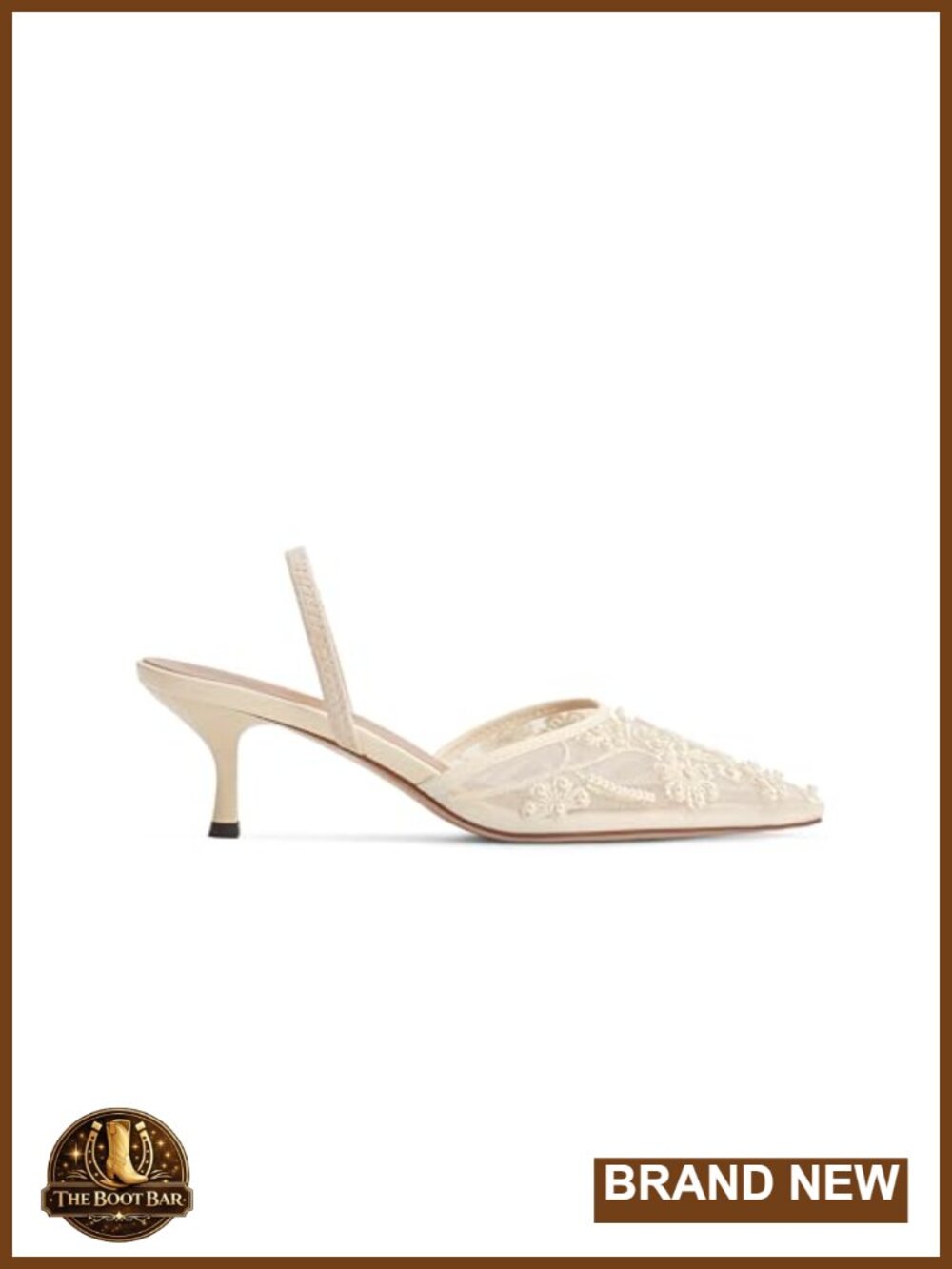 Embroidered Mesh Kitten Heel Slingback Sandals Pointed Toe Pearl Wedding Heels - Picture 4 of 6